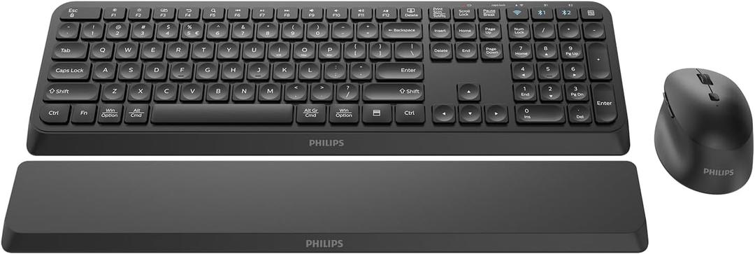 PHILIPS Bluetooth Keyboard and Mouse Combo - Bluetooth 2.4Ghz Wireless Keyboard and Mouse,Ergonomic Design with Palm Rest,3-Device Connectivity, 5 DPI Mouse, Long Battery for Office & Home -Black