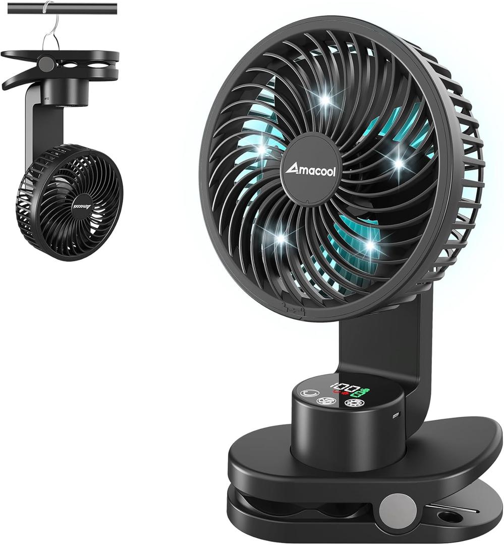 AMACOOL Desk Fan, Quiet Small Desktop Table Fans - 30Hrs Running, 270Tilt, 90Oscillating, Easy to Clean USB Fans, Smart Display Rechargeable Portable Fan for Home Office Bedroom Travel Camping (5000mAh, Black)