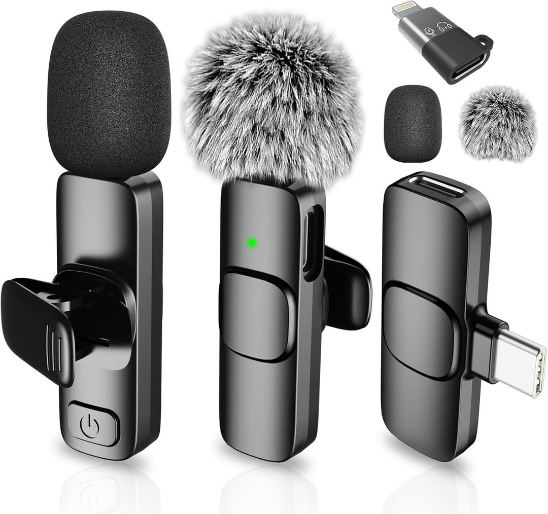 Mini Microphone for iPhone Android - Wireless Lavalier Microphone USB-C Lightning, Noise Cancelling Clip On Mic, 65ft Range, 12H Battery for Video Recording TikTok YouTube Content Creators (2TX1RX without ChargingCase)