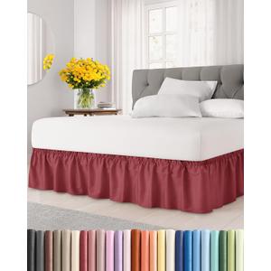 Wrap Around Dust Ruffle Bed Skirt - Burgundy - for Queen Size Beds with 18 Inch Drop - Elastic Strap - Adjustable Pleated Bedskirt with Brushed Fabric and Wrinkle Free - for Women, Men, Kids & Teens