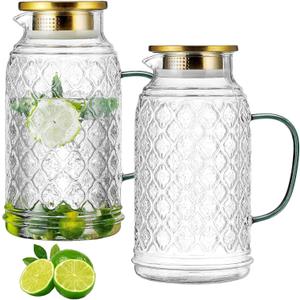 Glass Pitcher with Lid, 2 PACK 84 oz/2.5L Liter Vintage Water Pitcher, Clear Borosilicate Glass Water Carafe for Cold Brew, Coffee, Lemonade, Iced Tea,Beverage, Heat Resistant