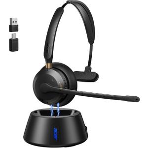 Wireless Headset with Mic for Work, AI ENC Noise Cancelling for Clear Call & Meeting, Single Ear Work Headset with Charge Stand for Remote & Office. Bluetooth 5.3 & USB 2.4G Dongle for Zoom & Teams