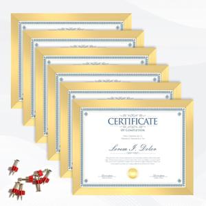 8.5x11 Picture Frame set of 6, Multi Certificate 8.5 by 11 Picture Frames Bulk, Document Diploma Award Frame, Wall Hanging or Tabletop Display, Gold