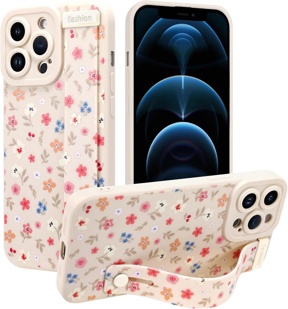 Case for iPhone 12 Pro Silicone Phone Case with Strap for Women Girls Cute Floral Flowers Pattern, Adjustable Soft Finger Strap Kickstand Protective Cover, Floral