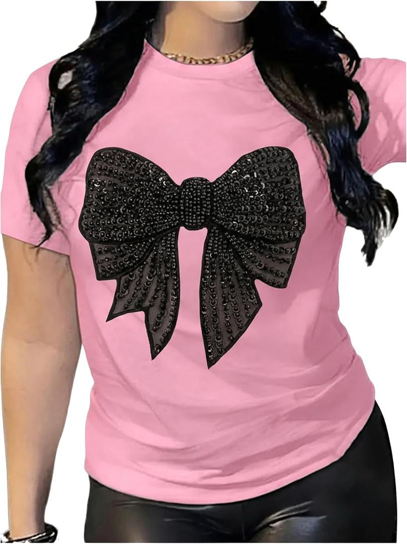 RoseSeek Women's Rhinestone Sequin Bowknot Graphic Tees Short Sleeve Crewneck Summer Tops Going Out T Shirt (XS)