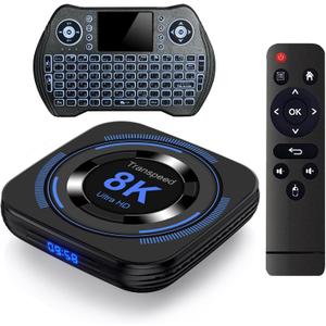 Android TV Box 12.0 4GB 64GB TV Box 2026 Support 8K DualWiFi 2.4G 5.8G Android Box H618 Chipset with HDR10 BT5.0 USB 2.0 3D Ethernet with Mini Backlit Keyboard