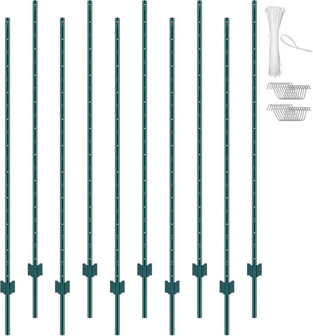 VEVOR 6 Feet Fence Post, 10 Pack U-Channel Heavy Duty Metal Fence Posts with 40 Zip Ties & 20 Clips, Sturdy Steel Fence Stakes for Garden Yard, Lawn, Farms and Outdoor Wire Fencing, Green