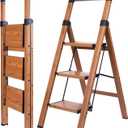 Step Ladder 3-Step Woodgrain Finish Aluminum Folding Step Ladders,Anti-Slip Max 330 lbs
