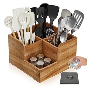 Yofidra Kitchen Utensil Holder with Stone Drying Mats, 4 Compartments Corner Utensil Holder for Kitchen Countertop, Extra Large Silverware Organizer (Wood Color)