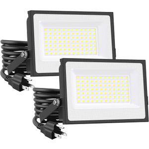 Onforu 60W Flood Lights Outdoor, 8400lm Bright LED Work Light with Plug, 6500K Daylight White LED Flood Lighting, IP66 Waterproof Security Yard Lights for Garage Stadium 2 Pack