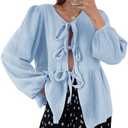 Tankaneo Womens Bow Tie Front Tops Babydoll Puff Long Sleeve Blouse Y2k Cotton Shirt Size M