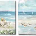 Ocean Coastal Canvas Wall Art: 2 Piece Seaside Chair Artwork Sea Birds Seascape Prints Beach Vacation Pictures for Bedroom Bathroom (11''x16''x2)