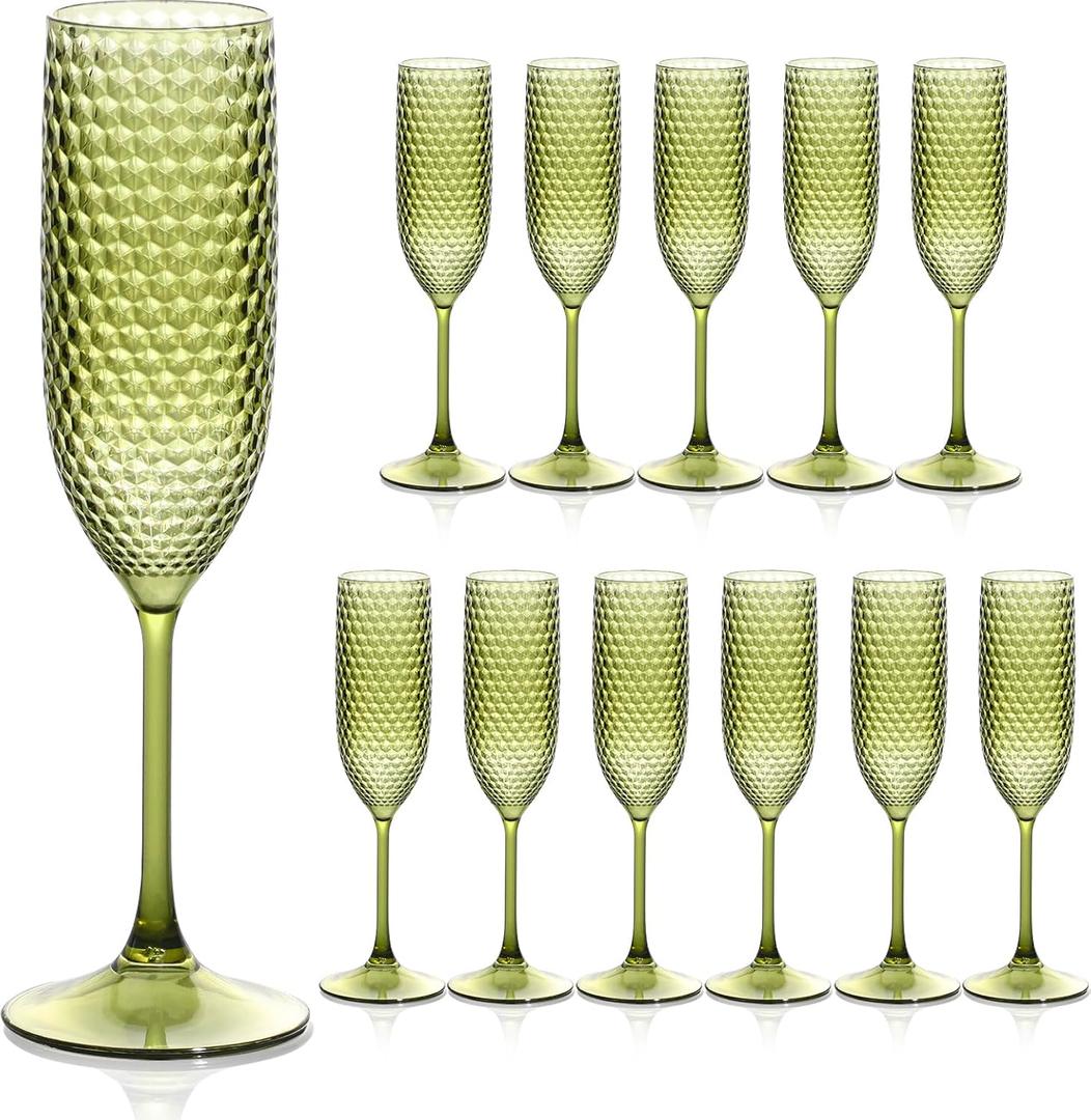 Plastic Champagne Flutes Champagne Glasses Unbreakable Wedding Toasting Glasses Reusable Diamond Liquor Glasses Crystal Clear Party Liquor Cups Vintage Drinking 5.5 OZ for Wedding (12, Green)