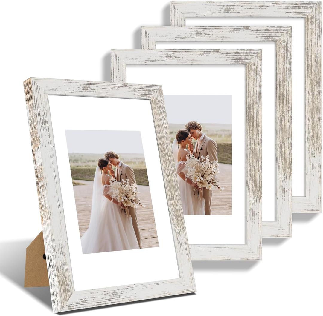 Hongkee 8x12 Picture Frame Set of 4, Made of Glass and Distressed White Wooden Frame - Display 6x8 Picture with Mat or 8 x 12 Poster Without Mat, 8 by 12 Photo for Wall or Tabletop