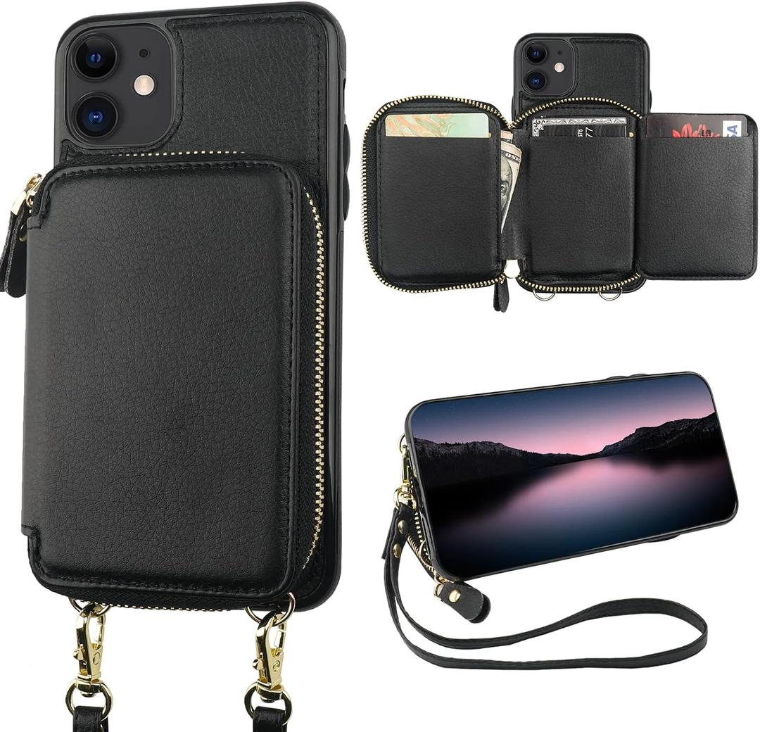 Bocasal RFID Blocking Wallet Case for iPhone 11, Adjustable Crossbody Zipper Purse Case Card Holder with Kickstand Detachable Wrist Strap, PU Leather Flip Folio Case 6.1 Inch (Black)