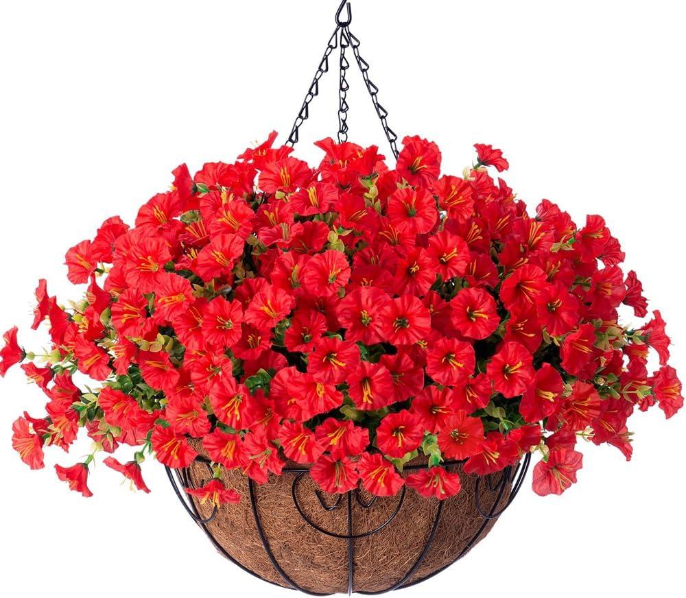 Artificial Fake Hanging Flowers Plants Baskets for Outdoor Outside Spring Summer Decoration, Faux Silk Red Morning Glory in Planter UV Resistant Realistic for Home Porch Patio Balcony Garden Yard (12 Bundles)