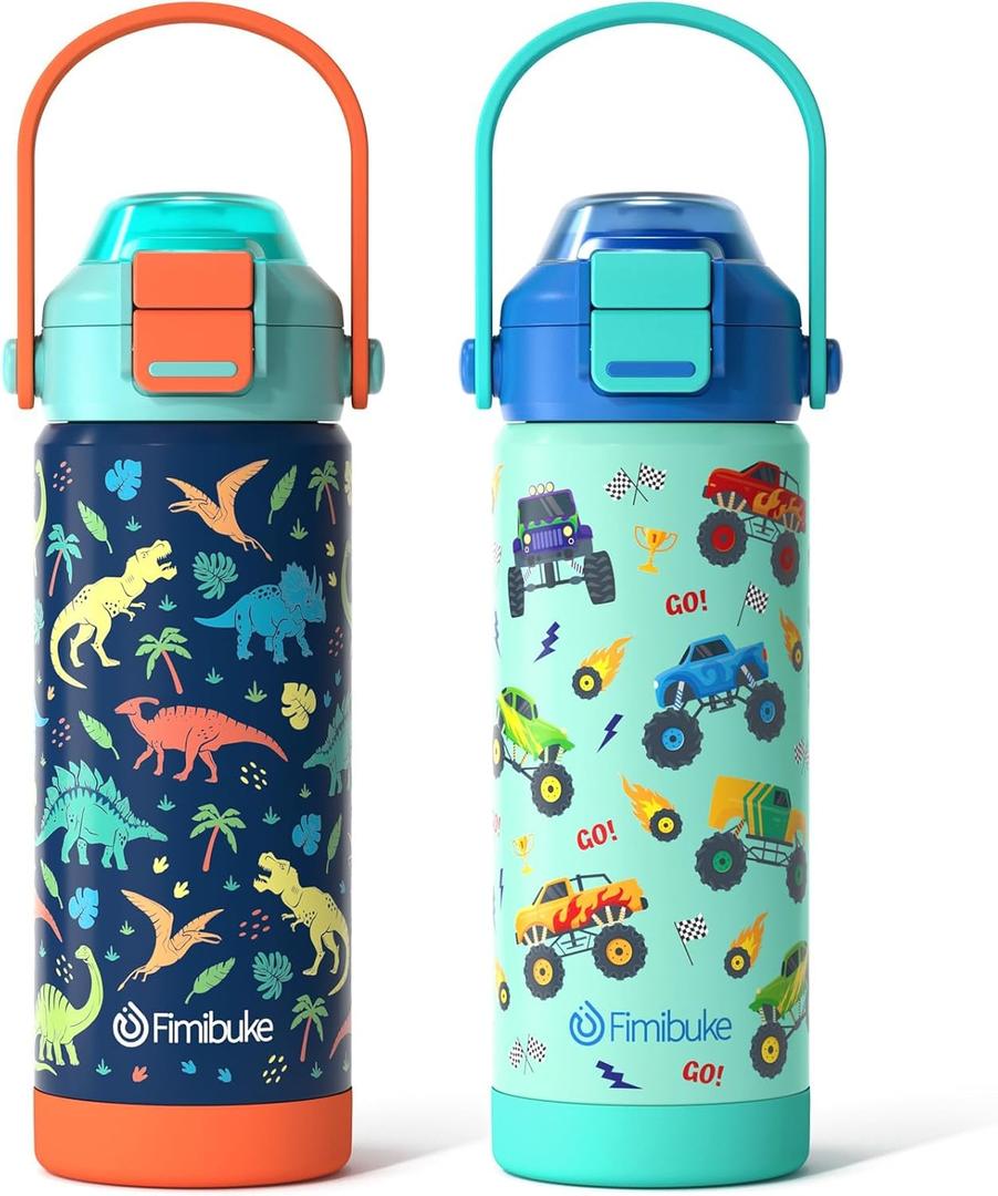 Kids Insulated Water Bottle with Pop-Open Straw & Spout 2-in-1 Lid, 18oz Leak Proof 18/8 Stainless Steel Vacuum Tumbler, BPA-Free Kids Cup For Travel School Boys Girls Toddler, Dinosaur & Monster Car