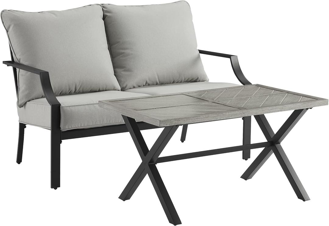 Crosley Furniture Otto 2-Piece Chevron Outdoor Coffee Table and Loveseat Patio Furniture Set for Porch, Deck, Matte Black with Gray Cushions