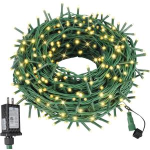 99FT 300 LED Christmas String Lights End-to-End Plug 8 Modes Indoor Lights with Timer, Outdoor Indoor Fairy Lights Christmas Tree Patio Garden Holiday Warm White (Warm White Glass Green Wire)