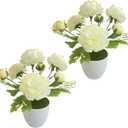 Artificial Flowers Fake Ranunculus in Pot, 2 Packs Small Faux Silk Flowers for Home Decor Indoor, Realistic Flower Centerpieces for Tables (White)
