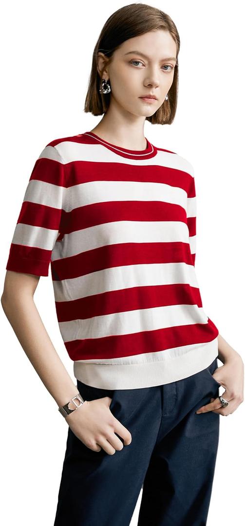 Women's Striped Round Neck Tops - Classic Stripes Tee, Summer Bold Stripes Blouses Casual T Shirt for Women (XX-Large)