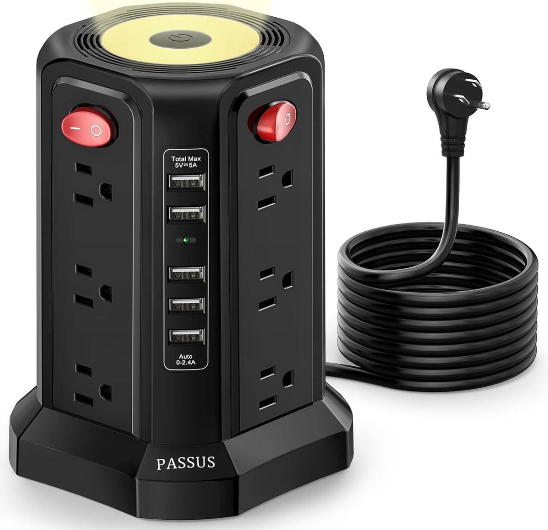 Surge Protector Power Strip Tower with 5 USB Ports and Night Light, 10FT Extension Cord with 12 AC Multiple Outlets, PASSUS Power Tower, Overload Protection for Home Office Dorm Room (Black)