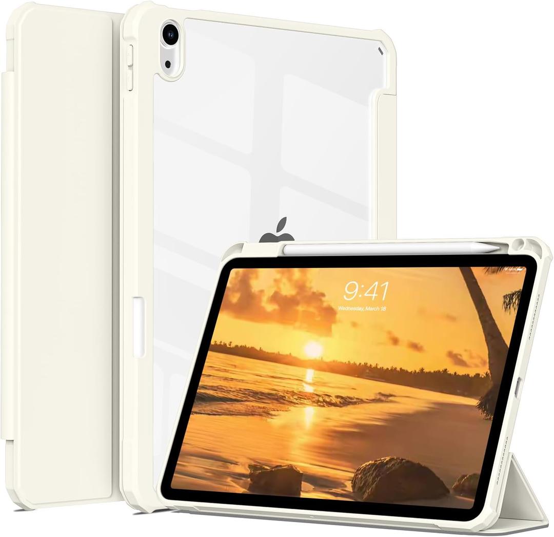 for iPad (A16) 11th Generation 11 Inch 2025/10th Generation 10.9 Inch 2022 Case with Pencil Holder, Hybrid iPad 11 10 Case with Clear Back, Supports Auto Wake/Sleep, Cream White