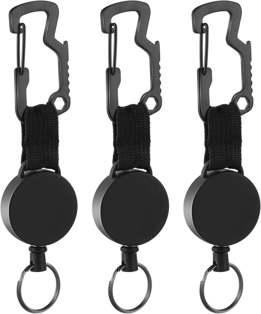 DELSWIN Retractable Key Chain Key-Rings - Heavy Duty Key Holder Belt Clip with Multitool Carabiner, Keychain Lanyard Badge Reels (Pack of 3) (Black)