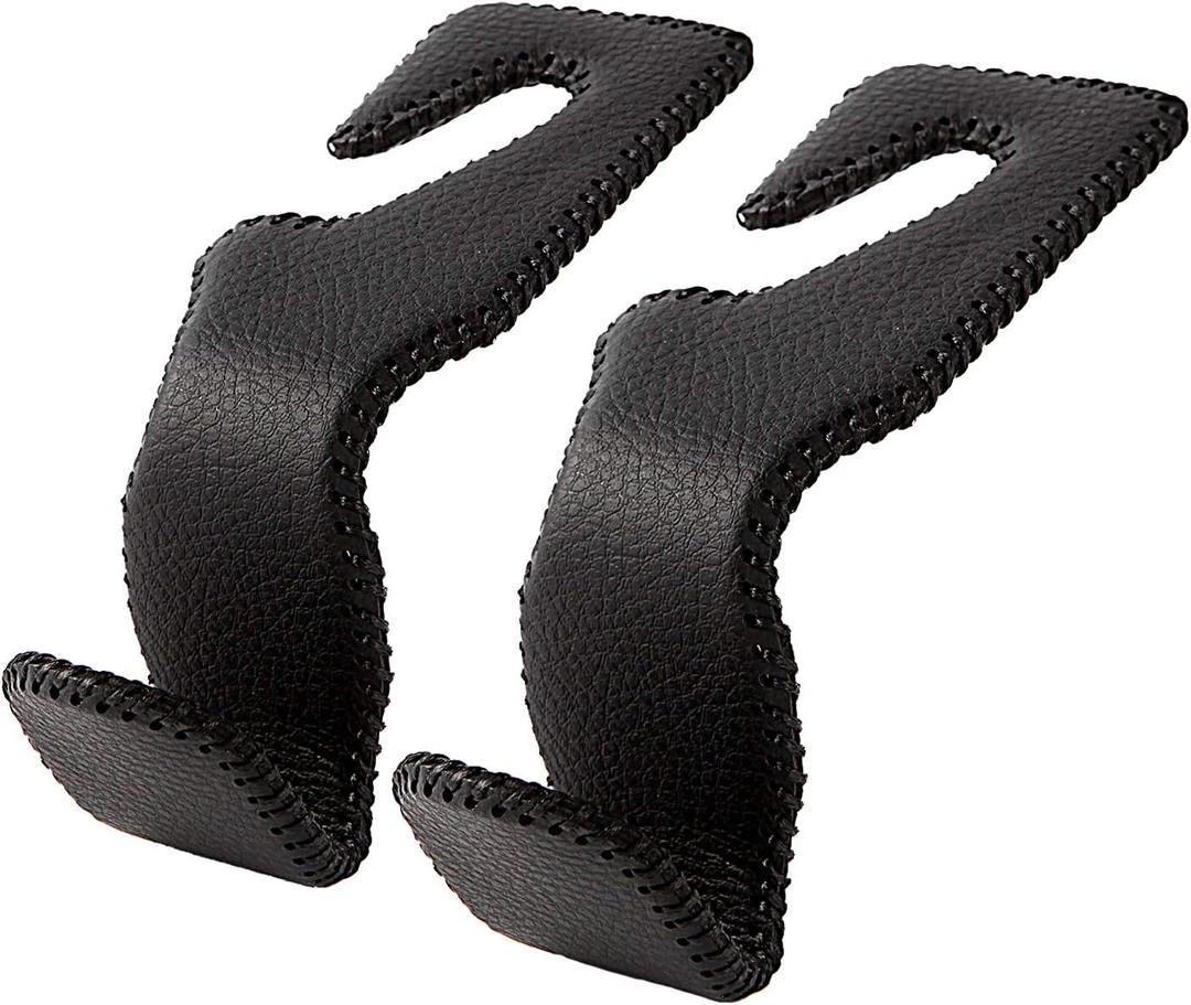 Headrest Hooks for Car, Back Seat Organizer Black Leather Hanger Holder Hook, for Hanging Purses and Bags and Coats, Pack of 2