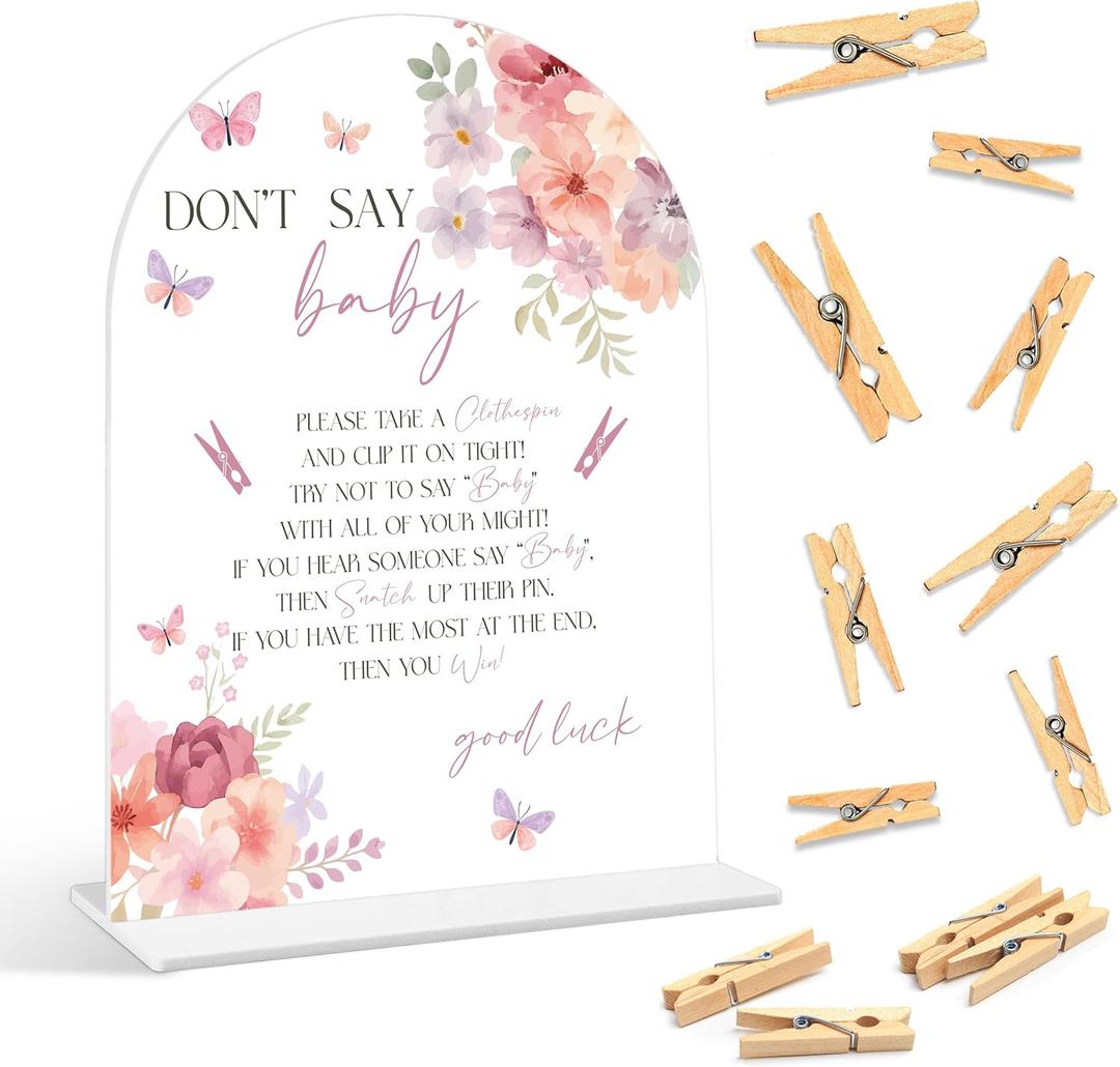 Baby Shower Games - Baby in Bloom Don't Say Baby Clothespin Game, 1 Sign and 50 Mini Clothespins, Gender Reveal Game, Floral Baby Shower Decoration Supplies (ARI04)