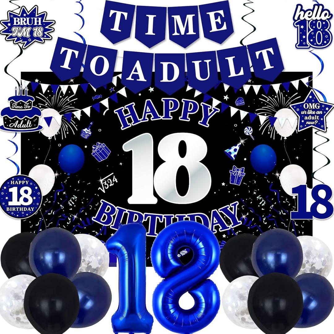 18th Birthday Decorations for Boys Girls, Blue Black Happy 18th Birthday Party Decorations, Time To Adult Birthday Banner, 18 Foil Balloons, Backdrop, Balloons, Hanging Swirls, Birthday Card Set 43pcs