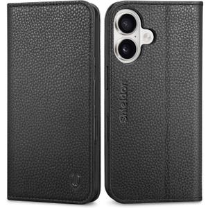 SHIELDON Case Wallet for iPhone 17 6.3 Inch 5G 2025 | Genuine Leather, Magnetic Closure, Kickstand, RFID Blocking Credit Card Holder, Foldable, Shockproof Phone Cover - Pebbled Black