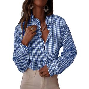 Astylish Womens Plaid Ruffle V Neck Button Down Blouse Casual Long Sleeve Gingham Trendy Tops Work Checkered Shirt (Blue), Size Medium