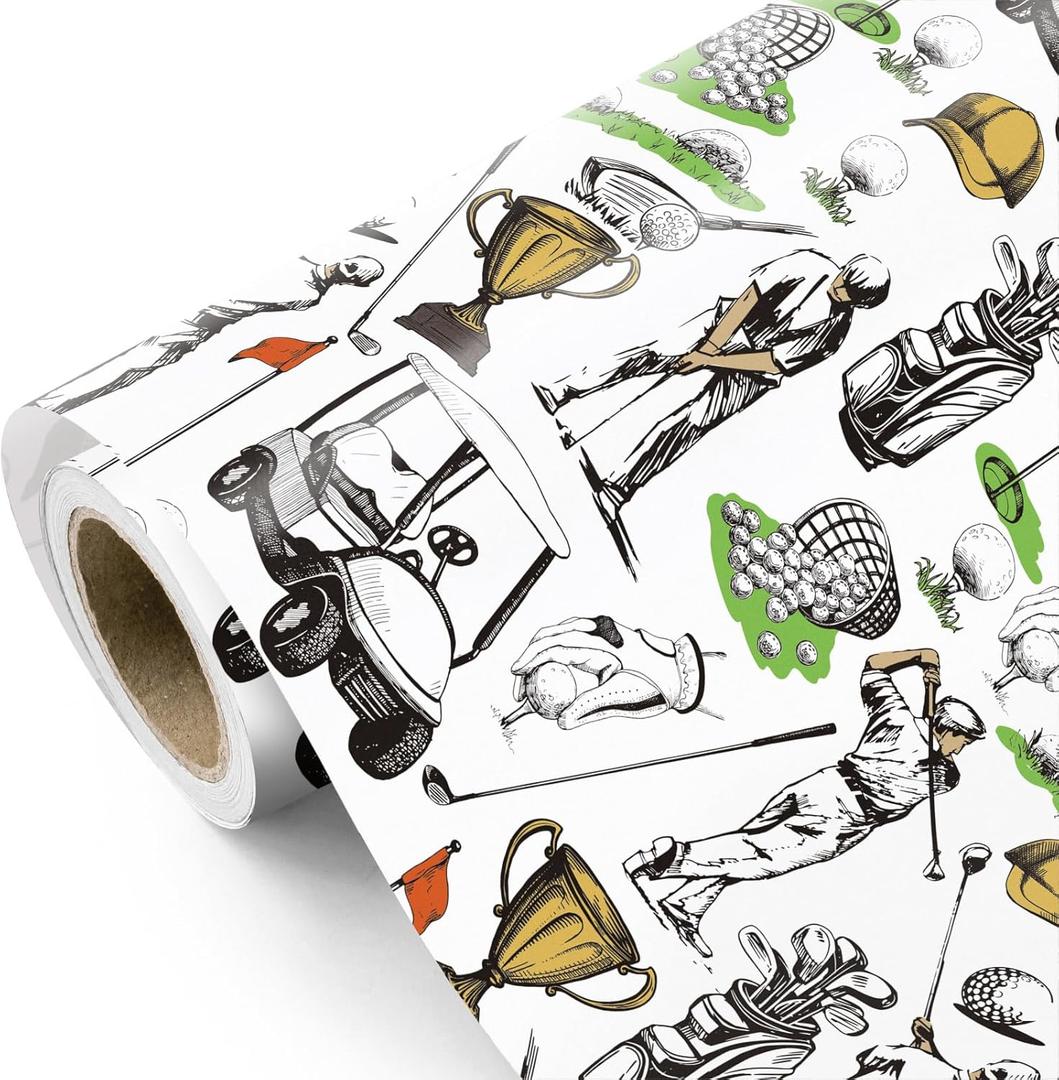 WRAPAHOLIC Golf Wrapping Paper Roll - Mini Roll - 17 Inch x 16.5 Feet - White Golf Sports Gift Wrap Paper for Men Boys Grandpa Birthday, Fathers Day, Team Celebration