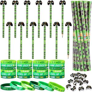 72 Pcs Video Game Pencils with Eraser Silicone Bracelets Set Video Game Party Favors Gift Goodie Bag Fillers Gamer Controllers Theme Stationery Set for School Classrooms Exchange Reward Prizes