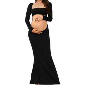 COSYOU Backless Maternity Dress for Photoshoot High Stretch Long Sleeve Open Belly Maternity Maxi Gown for Photography, XL