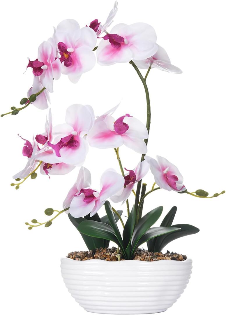 19" H Phalaenopsis Faux Orchid Plant Silk Orchid Centerpiece Artificial Floral Arrangement in Ceramic Pot (White and Pink)