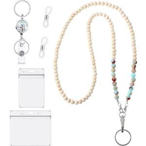 Teacher Lanyard with ID Holder Cute Wooden Beaded Lanyards for ID Badge Holders Retractable Badge Reel Keys Eyeglass Chains for Women