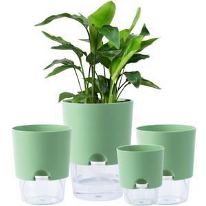 Plant Pots Indoor 4 Packs Self Watering Pots for Indoor Plants 7.4/6.3/6.3/4.9 inchs, African Violet Pots Planter with Visible Reservoir Self Watering Planter for Herb, House Plant Planting (Green)