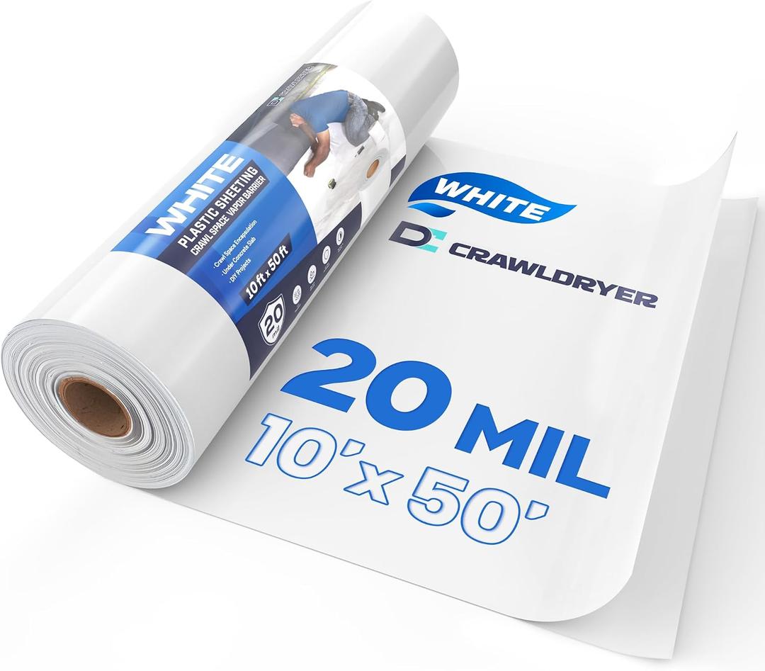White Plastic Sheeting, 20 Mil 10' x 50', Crawl Space Vapor Barrier, White Vapor Barrier, Plastic Sheeting Heavy Duty, Polyethylene Plastic Rolls for Garden, Crawlspace, Basement, White