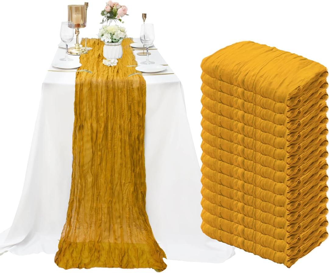 15 Pack Cheesecloth Table Runner 10Ft Romantic Cheese Cloth Table Runner 35 x120 Inch Rustic Gauze Boho Table Runners for Wedding Birthday Party Baby Bridal Shower Gender Reveal Table Decor(Mustard)