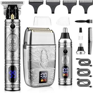 Saoilli Professional Hair Trimmer Hair Clippers for Men, Nose Hair Trimmer Shaver Set,Cordless T-Blade Beard Trimmer Barber Clippers,Electric Razor Foil Shavers for Men Haircut Grooming Kit(Silver)