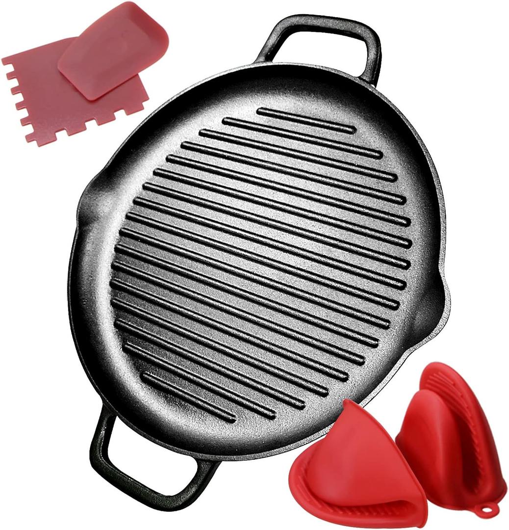 Pre-Seasoned Cast Iron Griddle Pan - 12.6 Inch Round Grill Pan with Dual Handles for BBQ and Stove Top Cooking (12.6"x12.6")