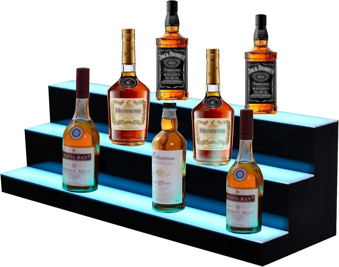 LED Lighted Liquor Bottle Display Shelf | 3 Tier 24 Inch Bourbon Whiskey Shelf | RF Remote & App Control, 1-4 H Timing | Alcohol Bottle Rack for Home Stick Living Room Accessories and Decor