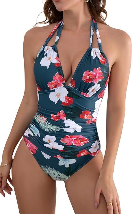 B2PRITY Women One Piece Swimsuits Halter Neck Bathing Suit Tummy Control Swimwear Cutout Backless Swimming Suit M
