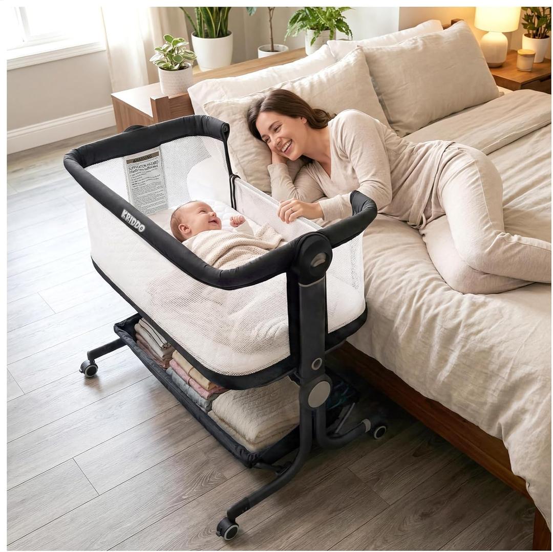 KRIDDO 2-in-1 Baby Bassinet for Infant, Bedside Bassinet with All-Around Breathable Mesh, Lockable Wheels, Adjustable Height and Incline, Bedside Sleeper for Baby with Large Storage Basket, Dark Grey