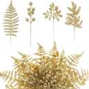 40 Pcs Christmas Glitter Artificial Picks Set Christmas Leaf Sprays Cedar Picks Glitter Berries Stems Tropical Leaf Pine Needles Christmas Stems Branches for Christmas Tree Vase Home(Gold)