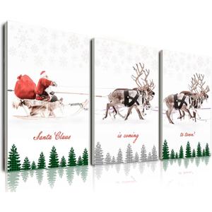 FAEKSUR Christmas Framed Canvas Wall Art Set of 3, Santa Claus Sleigh With Reindeer Design, Holiday Home Wall Decor for Living Room, Bedroom, Kitchen, Office