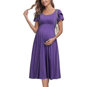 Ruffle Short Sleeve Maternity Dress High Waisted Midi Spring Baby Shower Dresses (Purple, XXL)