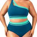 Aqua Eve Women Plus Size High Waisted Bikini One Shoulder Two Piece Swimsuit Color Block Bathing Suits (Teal and Green), 14 W